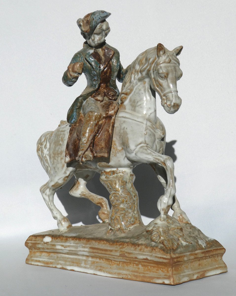 Sculpture Equestre En Grés Flammé , Jeune Marquis Sur Cheval Frederich II De Prusse XIXe 