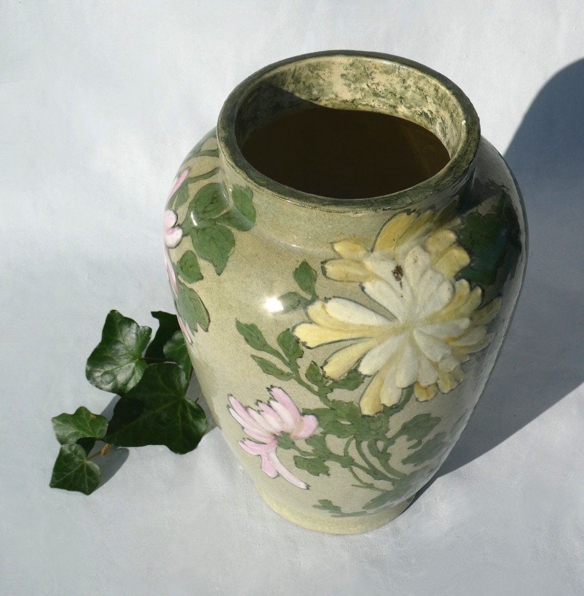 Large Earthenware Vase Signed Edmond Lachenal Decor Of Japanese Art Nouveau Flower Bouquets-photo-2