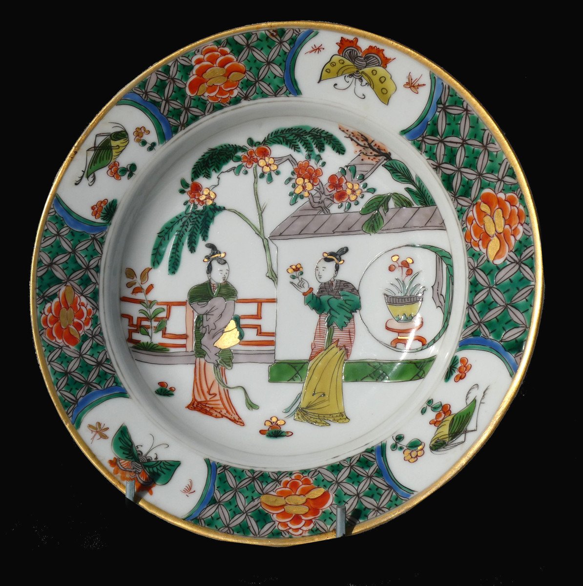 Porcelain Plate Famille Verte Style, China Kangxi Style, Samson Paris Papillon