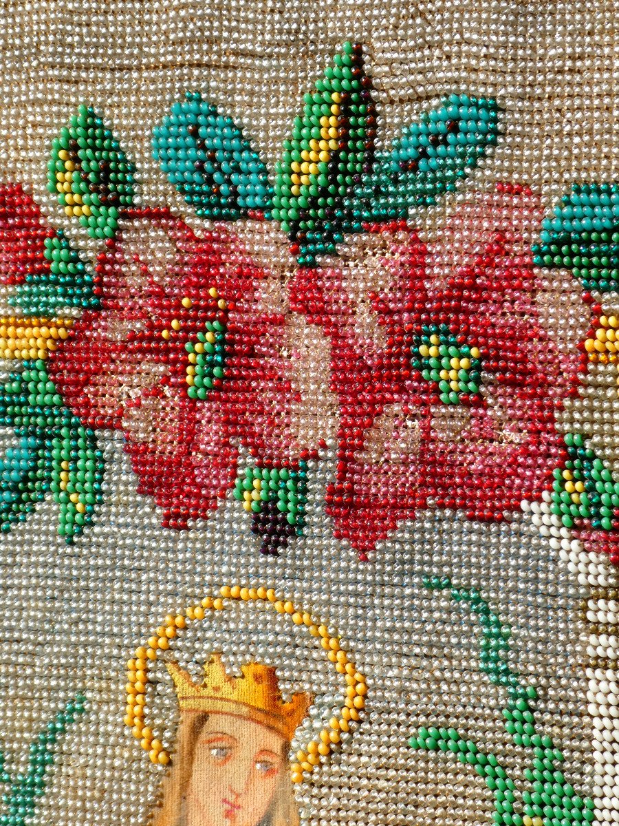 Large Embroidery Of Beads In Sandblasted Sainte Adelaide Napoleon III Period Decoration Nineteenth Painting-photo-4