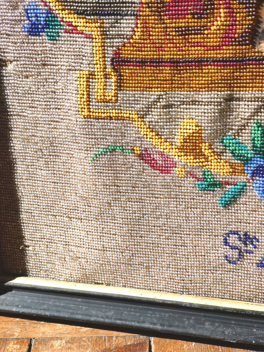 Large Embroidery Of Beads In Sandblasted Sainte Adelaide Napoleon III Period Decoration Nineteenth Painting-photo-3