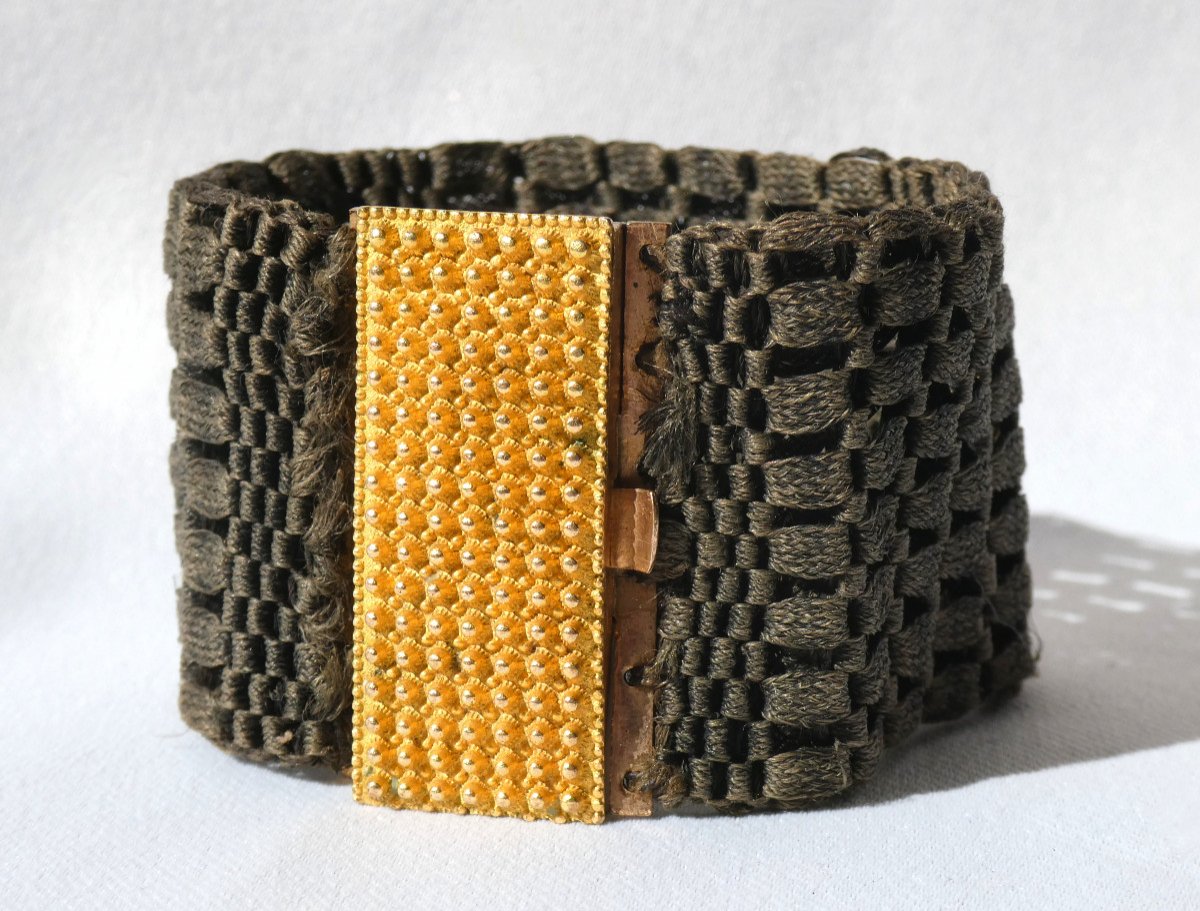 Bracelet Manchette Epoque Napoleon III , Souvenir Marqueterie De Cheveux Pomponne Bijou XIXe