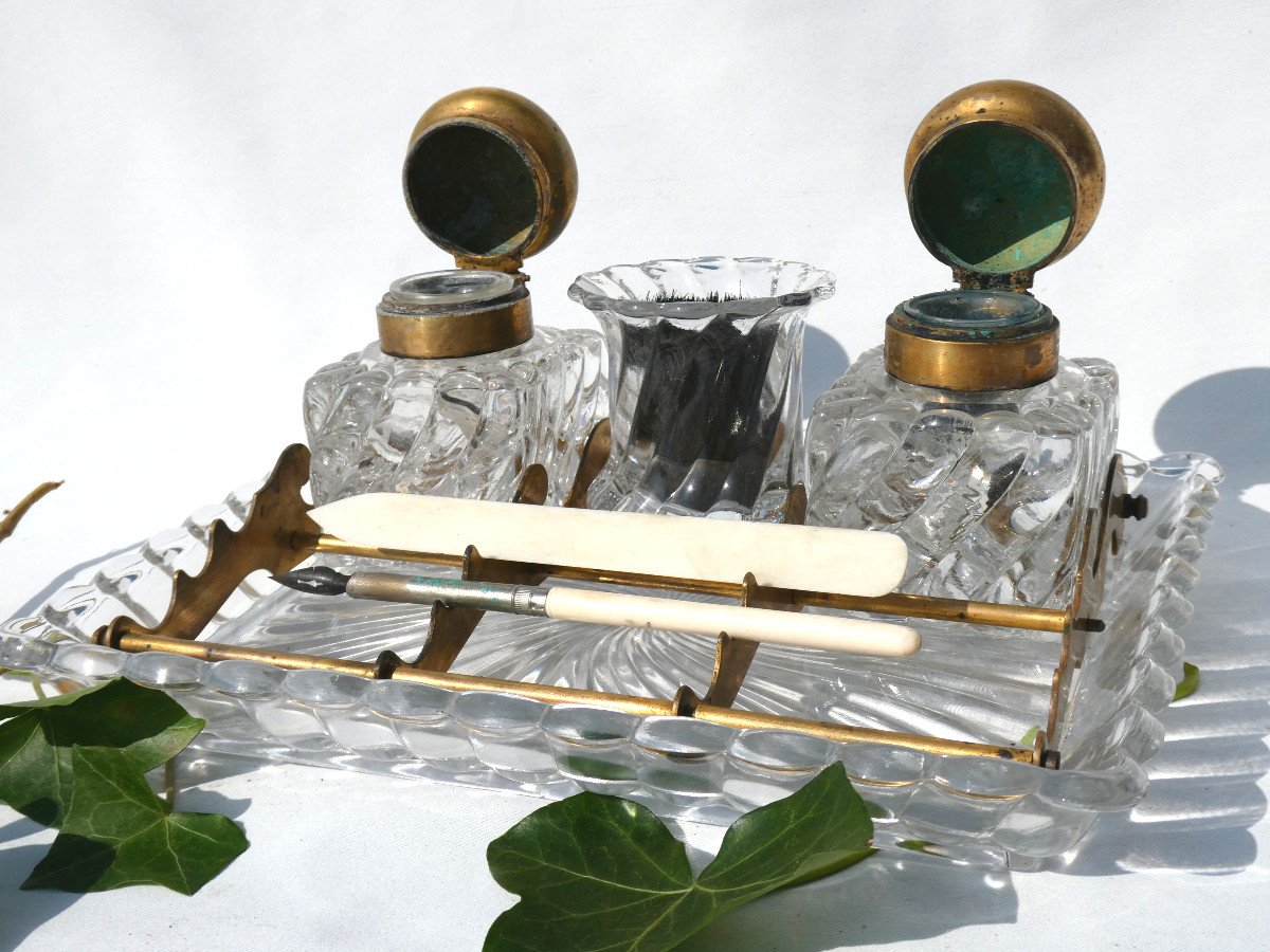 Double Baccarat Crystal Inkwell, Nineteenth Tors Bamboo, Feather Wiper Office Writing Object-photo-4