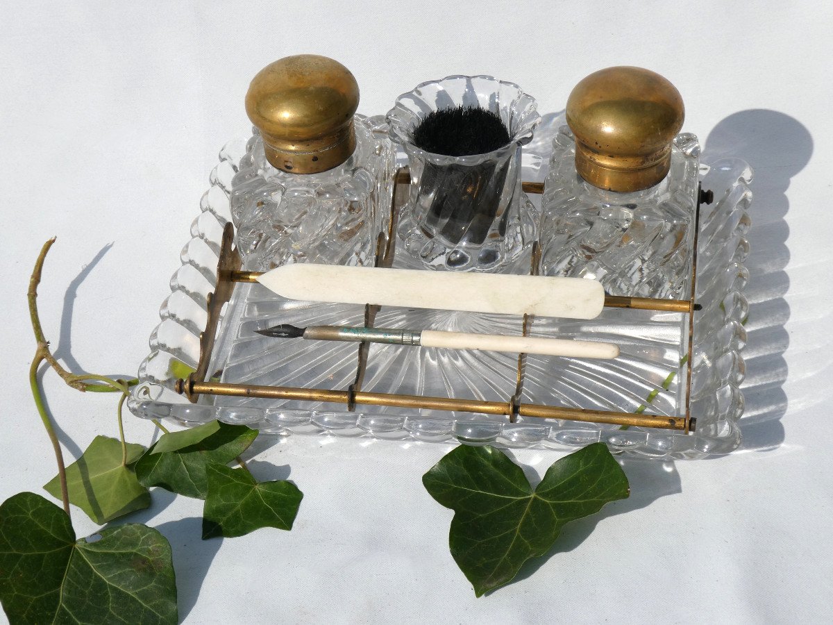 Double Baccarat Crystal Inkwell, Nineteenth Tors Bamboo, Feather Wiper Office Writing Object