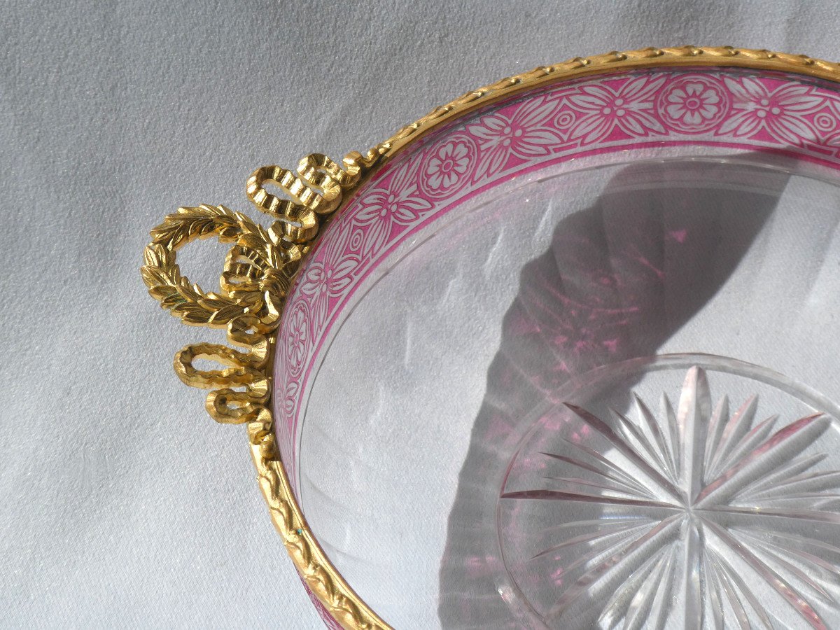 Coupe En Cristal De Baccarat , Décor Empire , Rose Fushia Monture En Bronze Doré  XIXe 1900 -photo-4
