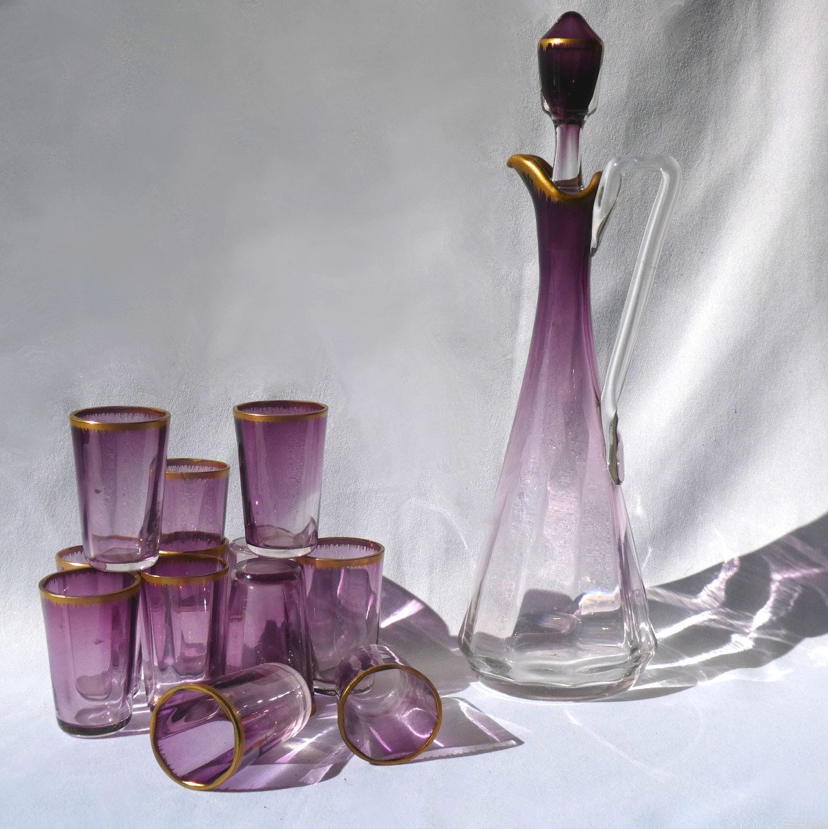 Service De 12 Verres à Liqueur Coloris Violet Amethyste , Carafe & Verre ,  Daum / Legras XIXe 