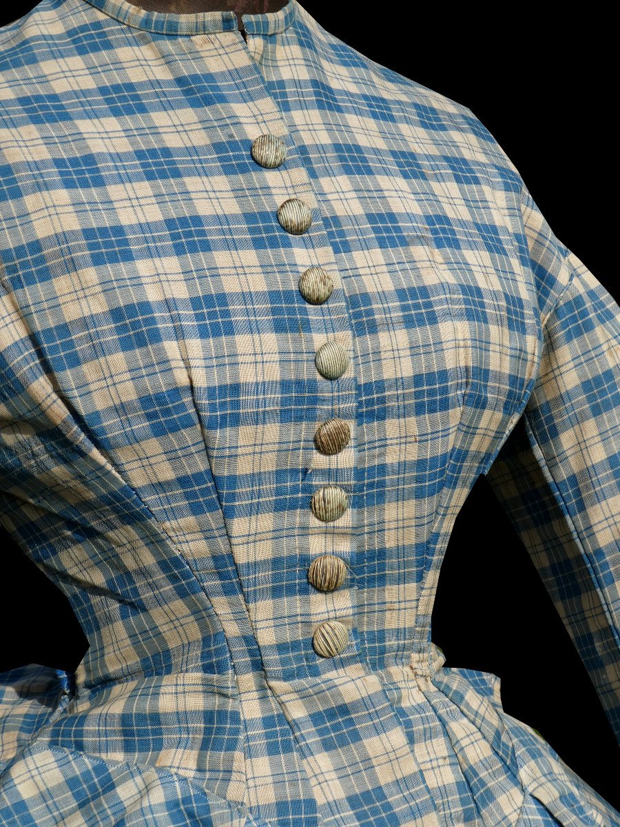 Robe De Jour Epoque Napoleon III , Crinoline XIXe , Costume En Etamine De Laine 1870 Carreaux  -photo-2