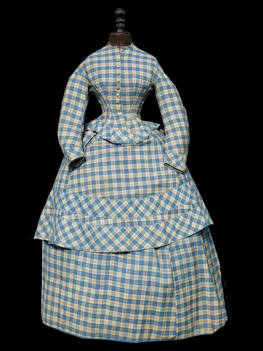 Robe De Jour Epoque Napoleon III , Crinoline XIXe , Costume En Etamine De Laine 1870 Carreaux  -photo-1