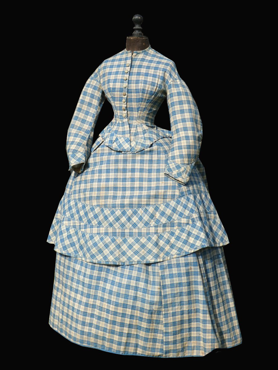 Robe De Jour Epoque Napoleon III , Crinoline XIXe , Costume En Etamine De Laine 1870 Carreaux  -photo-5