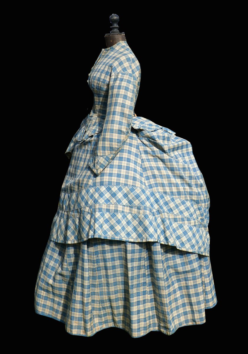 Robe De Jour Epoque Napoleon III , Crinoline XIXe , Costume En Etamine De Laine 1870 Carreaux  