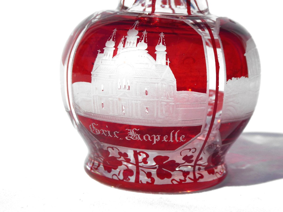 Overlay Crystal Perfume Falcon, Bohemia, Garnet Red, Miniature Carafe Nineteenth Germany-photo-1