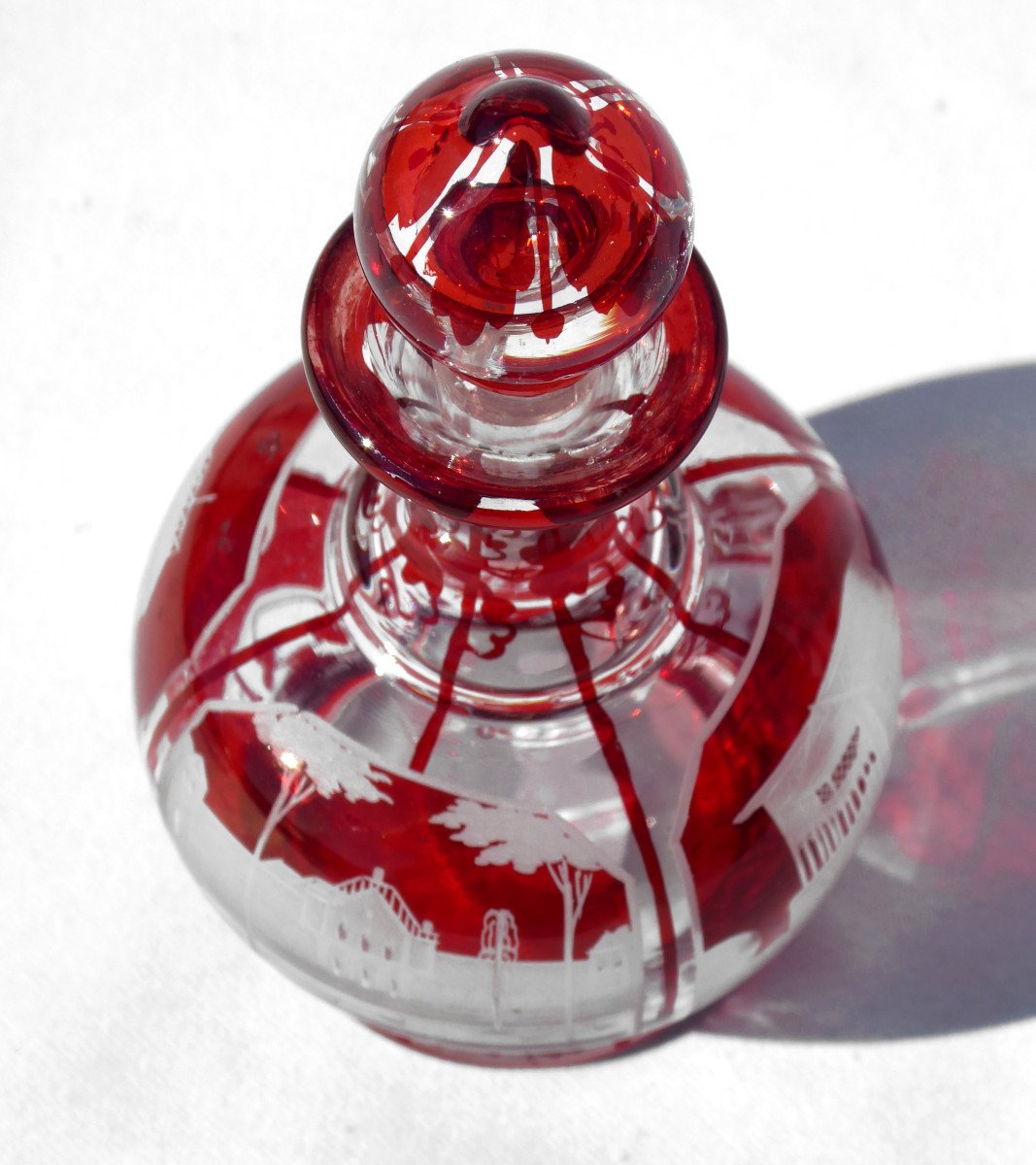 Overlay Crystal Perfume Falcon, Bohemia, Garnet Red, Miniature Carafe Nineteenth Germany-photo-4