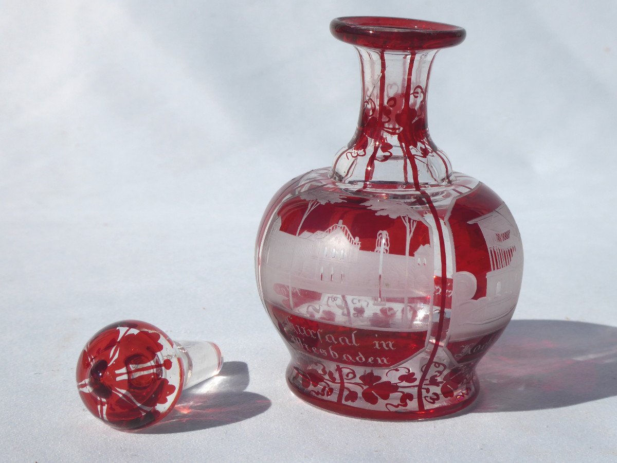 Overlay Crystal Perfume Falcon, Bohemia, Garnet Red, Miniature Carafe Nineteenth Germany-photo-5