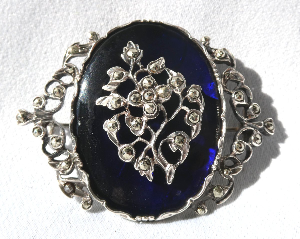 Broche Epoque Napoleon III , Email Et Argent Massif , Perles En Acier De Berlin XIXe Bijou-photo-1