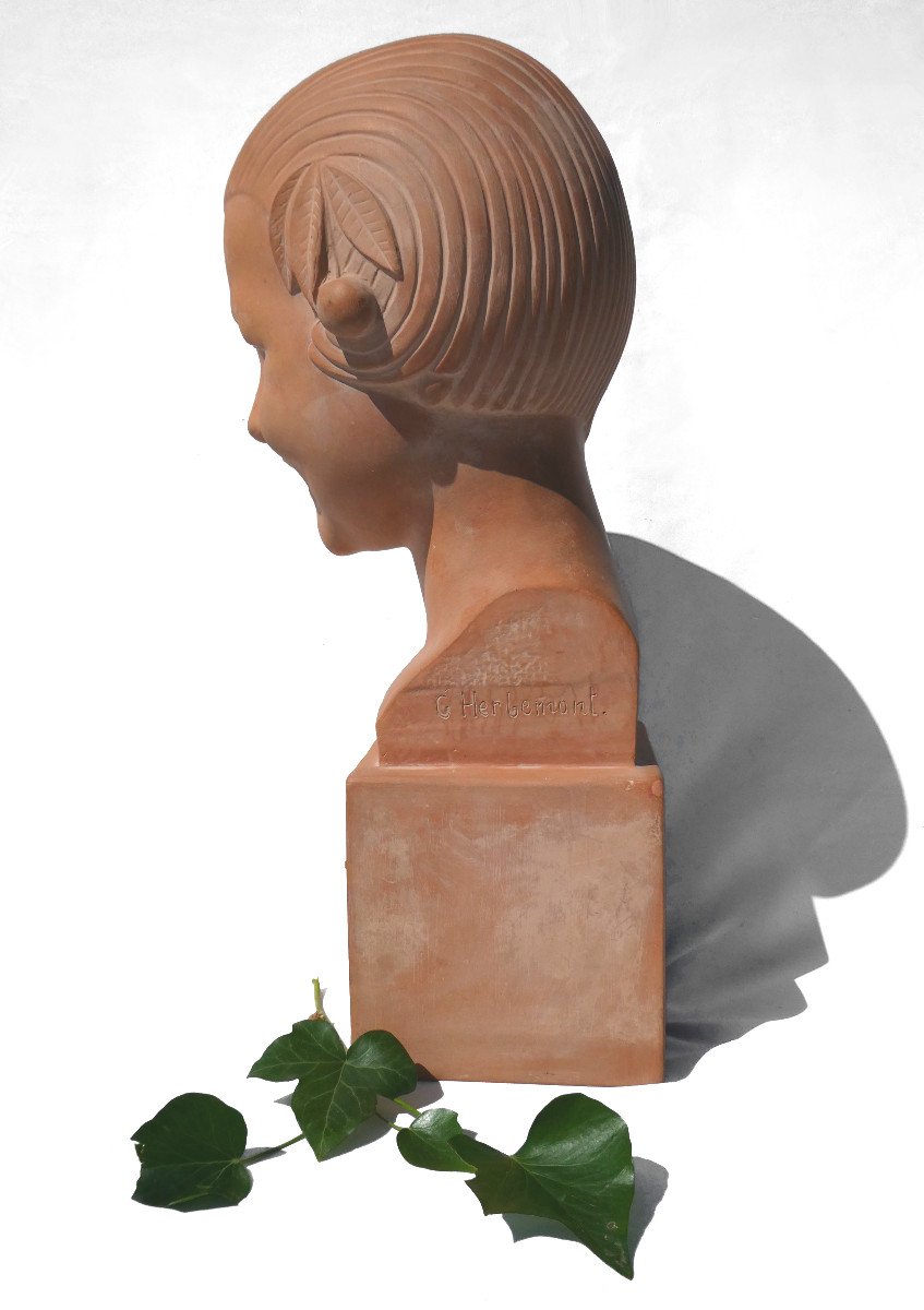 Buste En Terre Cuite Jeune Fille Aux Cerises Art Deco Vers 1920 Signé Gaston Herbemont  Susses-photo-2