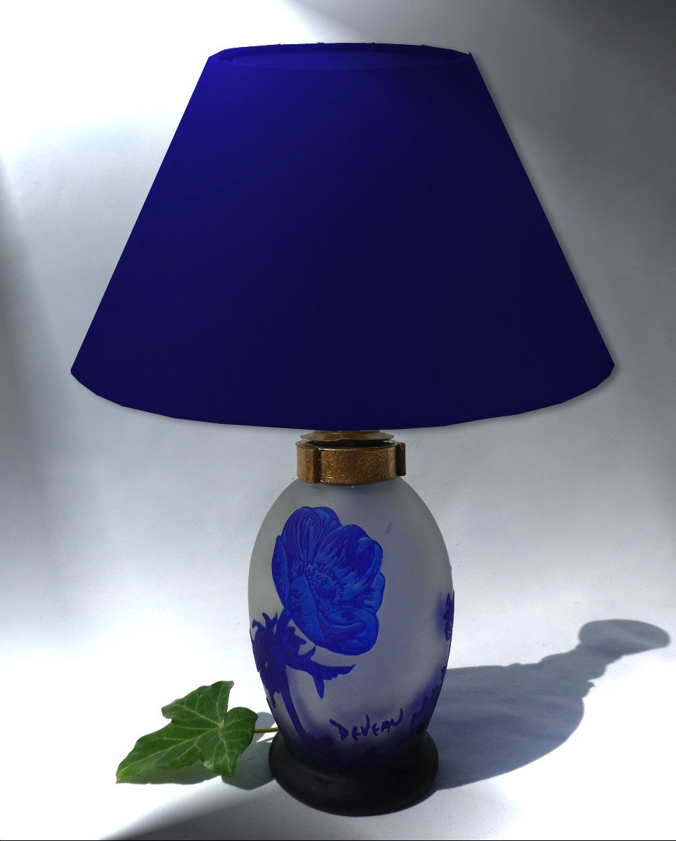 Acid-free Glass Lamp, Art Nouveau Style, Signed Deveau, Pate De Verre 1920