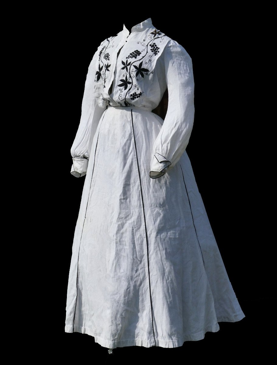 Robe Belle Epoque En Lin Brodé , Costume d'été / Bord De Mer 1900 XIXe Art Nouveau Sport Tennis-photo-4