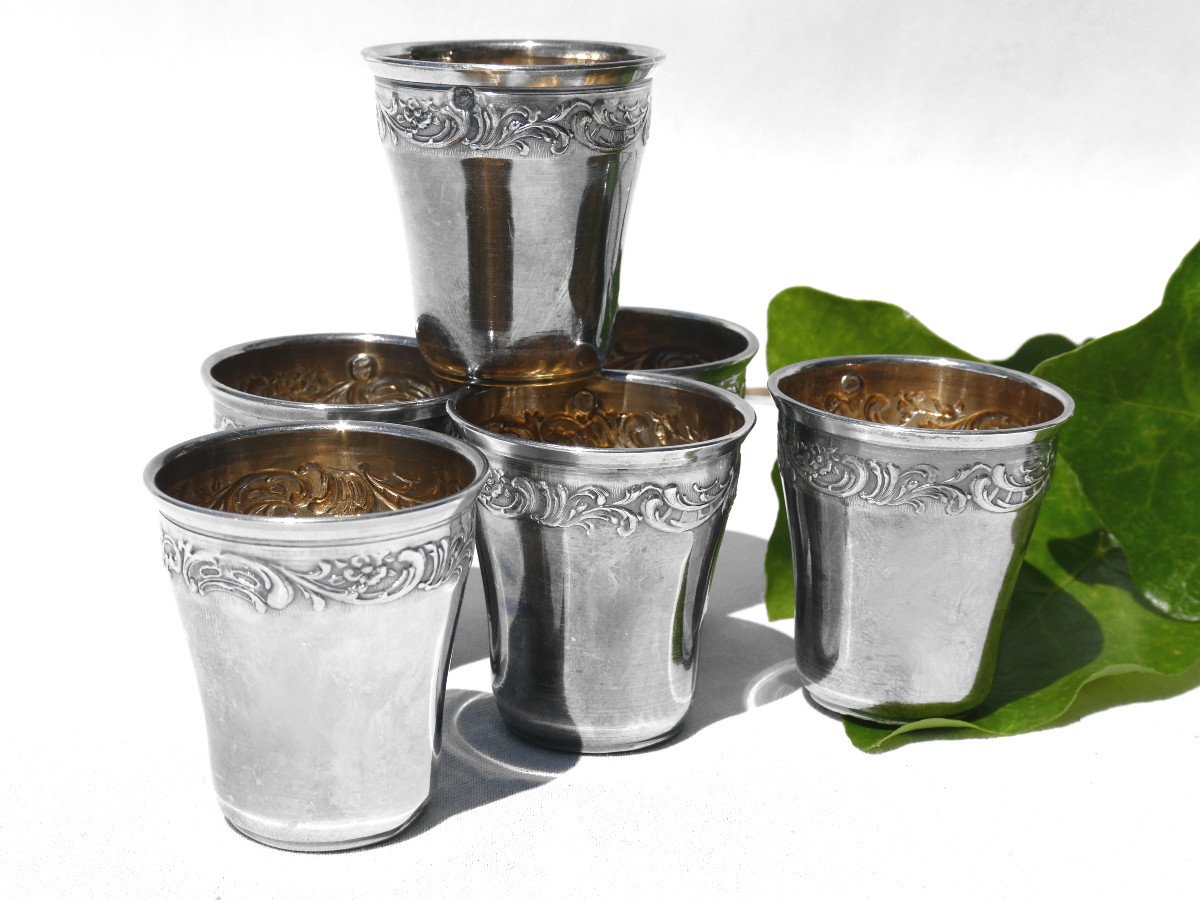 Series Of 6 Goblets In Sterling Silver, Nineteenth Liquor Box, Art Nouveau, Vermeil-photo-2