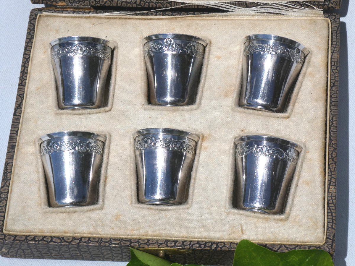 Series Of 6 Goblets In Sterling Silver, Nineteenth Liquor Box, Art Nouveau, Vermeil-photo-1