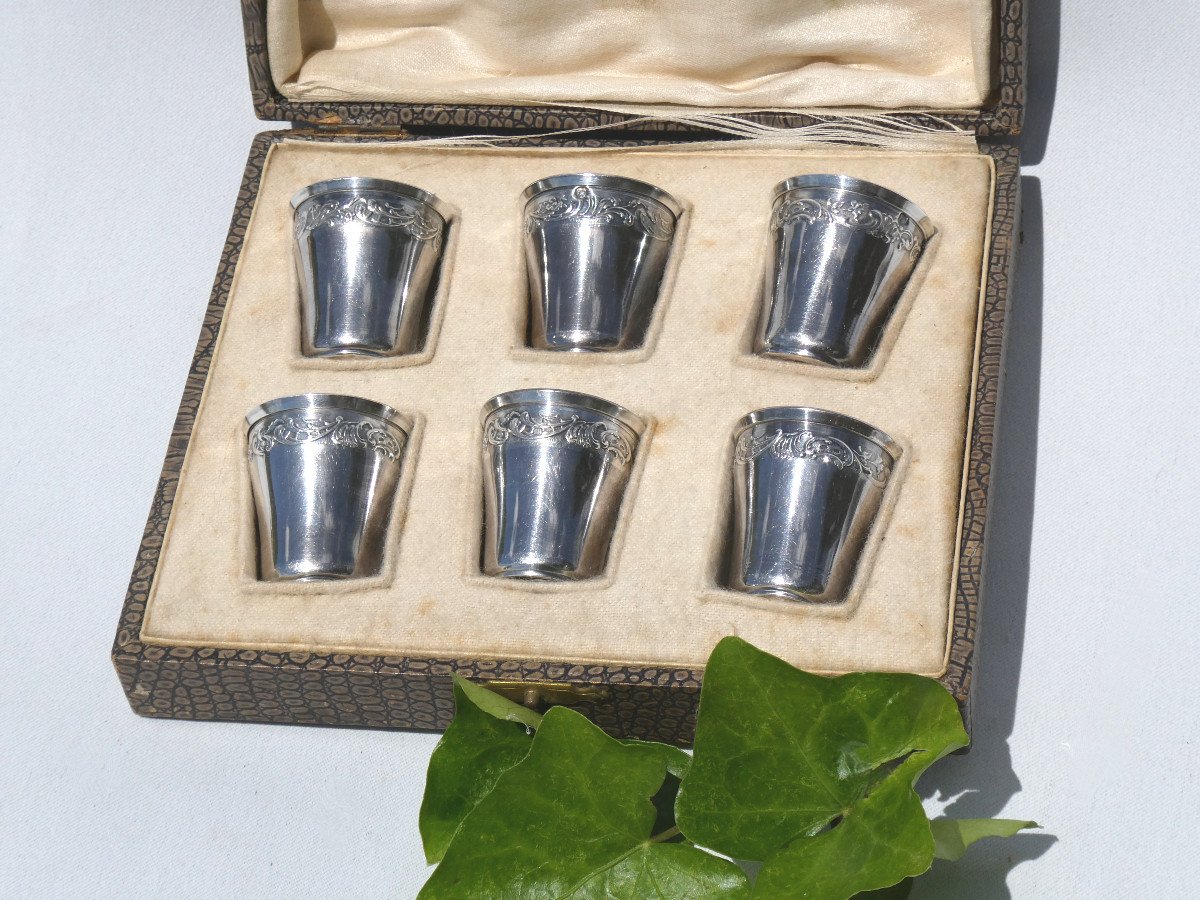 Series Of 6 Goblets In Sterling Silver, Nineteenth Liquor Box, Art Nouveau, Vermeil-photo-2