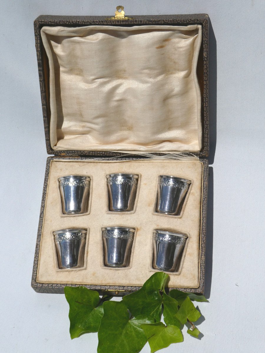 Series Of 6 Goblets In Sterling Silver, Nineteenth Liquor Box, Art Nouveau, Vermeil