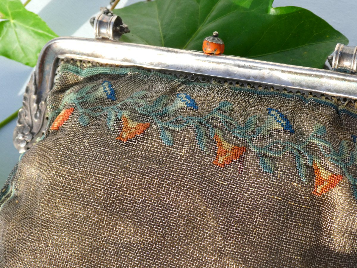 Reticule Epoque 1820, Fishnet Of Silver Thread And Embroidery, Coral Clasp, Nineteenth Bag / Purse-photo-3