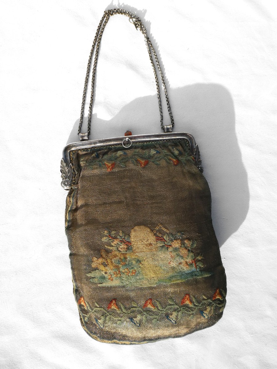 Reticule Epoque 1820, Fishnet Of Silver Thread And Embroidery, Coral Clasp, Nineteenth Bag / Purse-photo-4