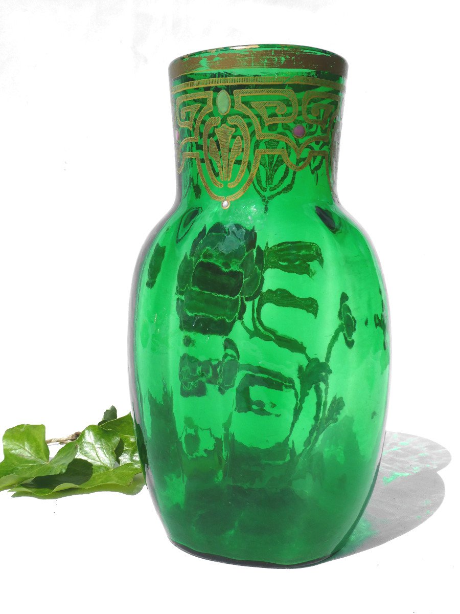  Vase Basque En Verre Emaille Theodore Legras Decor Art Nouveau Vert Décor de Pivoine XIXe-photo-4