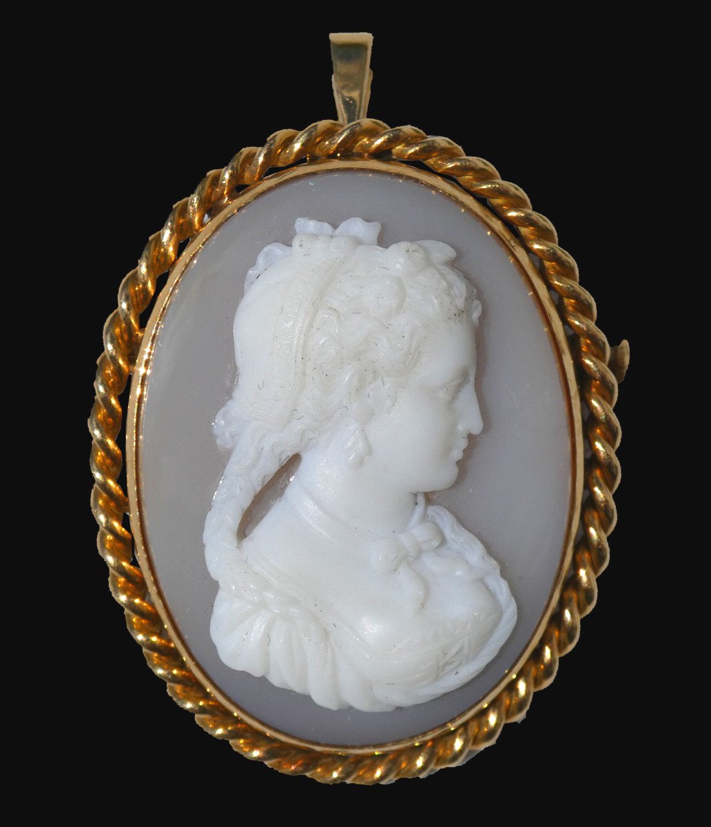 Cameo In Agate Napoleon III Period, Brooch & Pendant, Profile Of Young Woman 1860 Gold Mount