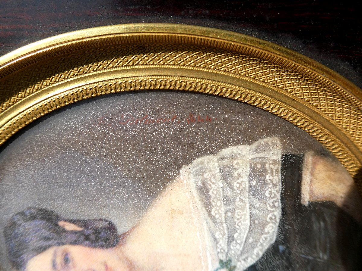 Grande Miniature Peinte , Portrait De Jeune Femme En Crinoline Signée 1844 Felix Delmont-photo-4
