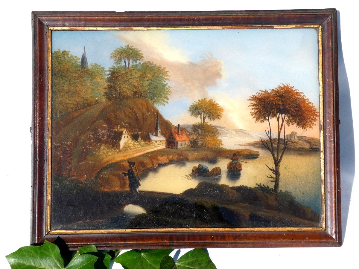 Large Painting Fixed Under Glass, Eighteenth Century Period, Village Scene, Lake-photo-2
