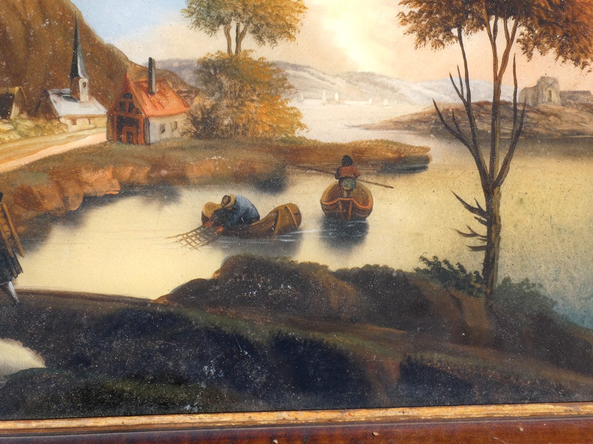 Large Painting Fixed Under Glass, Eighteenth Century Period, Village Scene, Lake-photo-3