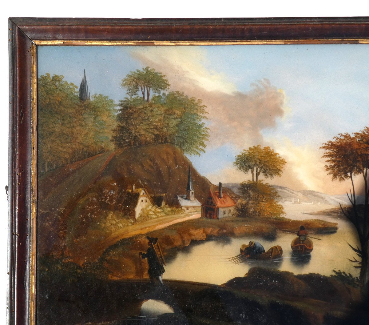 Large Painting Fixed Under Glass, Eighteenth Century Period, Village Scene, Lake-photo-1