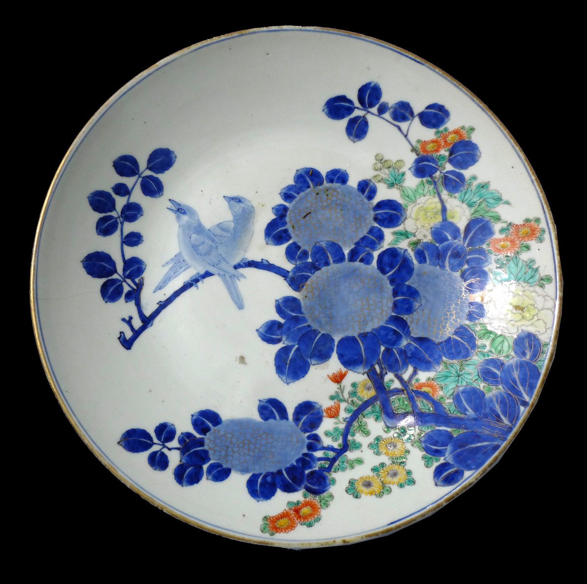 Grand Plat Japonais En Porcelaine Style Chine , Decor d'Oiseaux & Vegetaux époque XIXe , Art d'