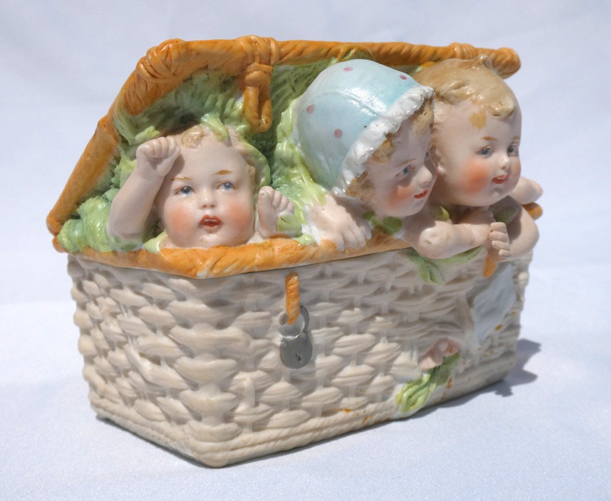 Boite En Biscuit d'époque 1890 , Bébés De Piano Heubach XIXe , Enfants Dans Un Panier , Poupée , Bébé-photo-2