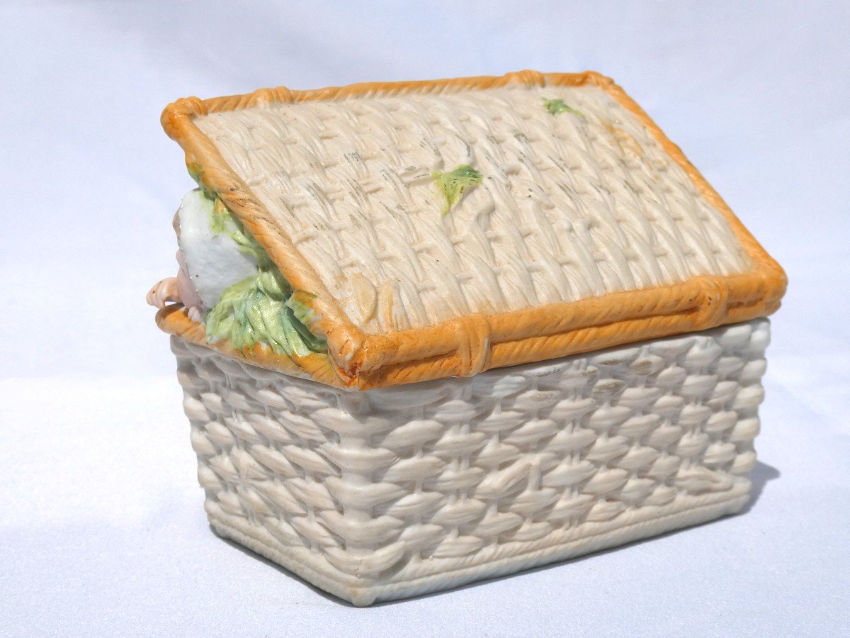 Boite En Biscuit d'époque 1890 , Bébés De Piano Heubach XIXe , Enfants Dans Un Panier , Poupée , Bébé-photo-3