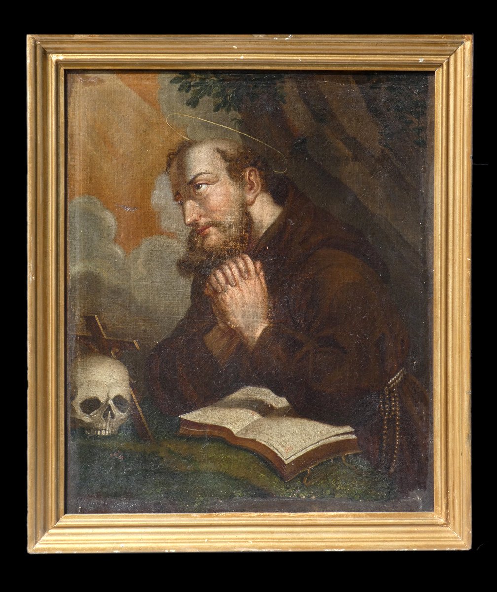Oil On Canvas, Saint Francis In Prayer, Vanity Nineteenth Century Human Skull Meditation Ecstasy-photo-1