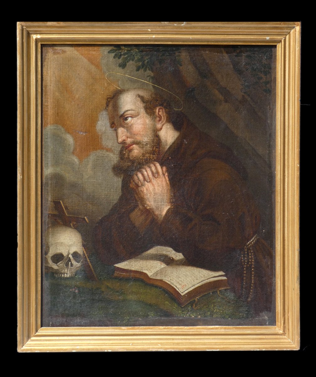 Oil On Canvas, Saint Francis In Prayer, Vanity Nineteenth Century Human Skull Meditation Ecstasy