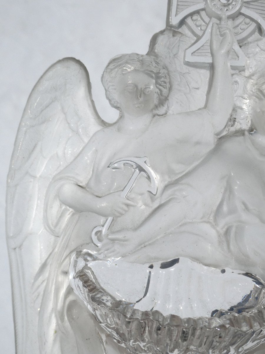 Baccarat Crystal Wall Benitier, Polished Depoli, Two Angels, Napoleon Style Sailor Anchor-photo-7