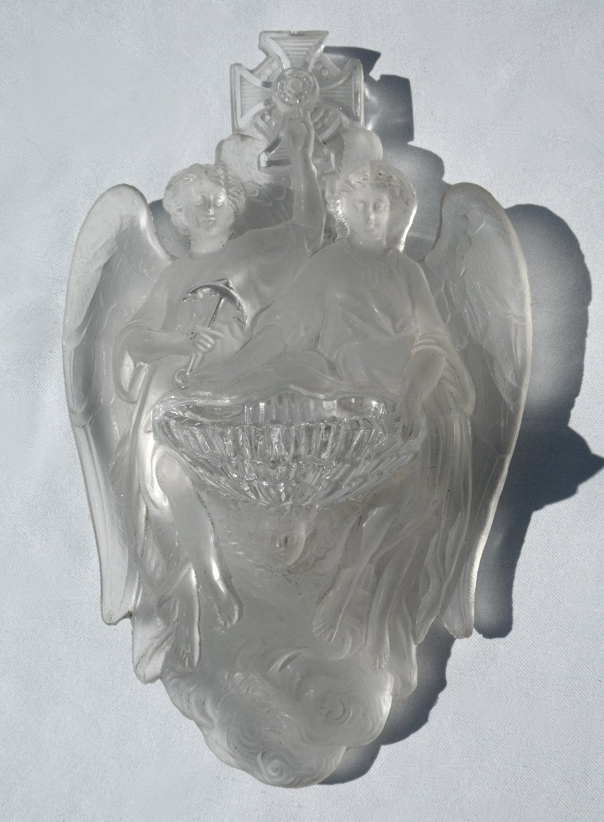 Baccarat Crystal Wall Benitier, Polished Depoli, Two Angels, Napoleon Style Sailor Anchor