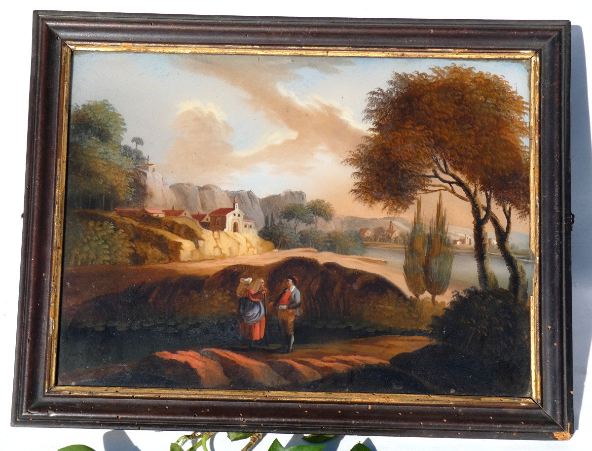 Grande Peinture Fixé Sous Verre , époque XVIIIe Siecle , Scène Villageoise , Lac-photo-2
