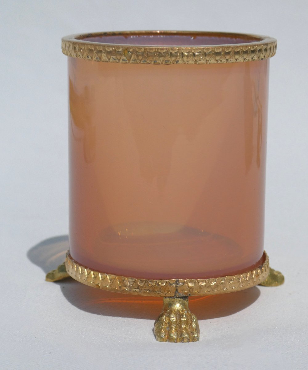 Empty Pocket In Opaline Pigeon Gorge, Charles X Period Gilt Bronze, Nineteenth Miniature Vase-photo-2