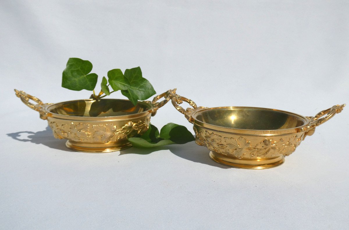 Pair Of Empty Pocket Cups In Gilt Bronze, Barbedienne Cast Iron, Napoleon III Nineteenth Cup