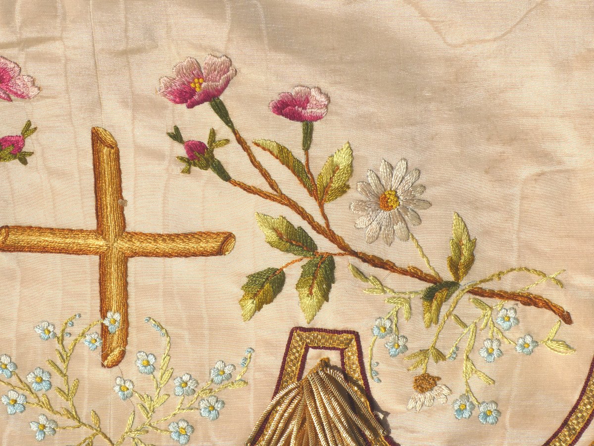 Large Embroidered Silk Processional Banner, 19th Century Liturgy, Napoleon III, Church-photo-3