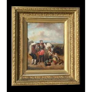 Oil On Canvas, Genre Scene, Military On Horseback Nineteenth Eugène Le Poitevin, Napoleon III Golden Frame