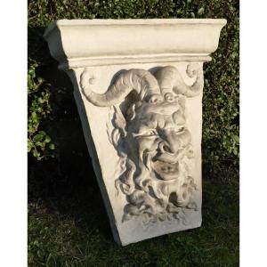 Large Capital In Plaster, Workshop Molding, Satyr Antique Nineteenth Decoration, Grotesque