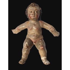 Santon De Creche, Polychrome Wood Eighteenth Century Putto Religious Sculpture, Child Jesus Angel