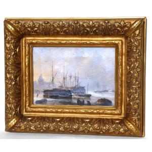 Oil On Canvas Signed By Henri Adolphe Schaep, Nineteenth Romantic School Navy, Port Of Antwerp