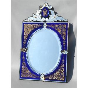 Grand Miroir Murano époque Napoléon III , Eglomisé & Verre Bleu Cobalt Style Louis XVI Coiffeuse XIXe