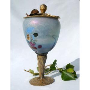 Large Pate De Verre & Bronze Drageoir Cup, Signed Muller, Art Nouveau Style, Ciborium 1915